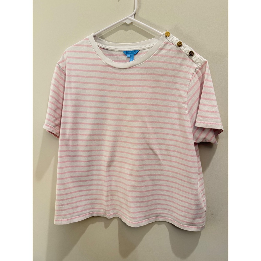 Draper James Pink White Striped Short Sleeve Top with Gold Shoulder Buttons 2X